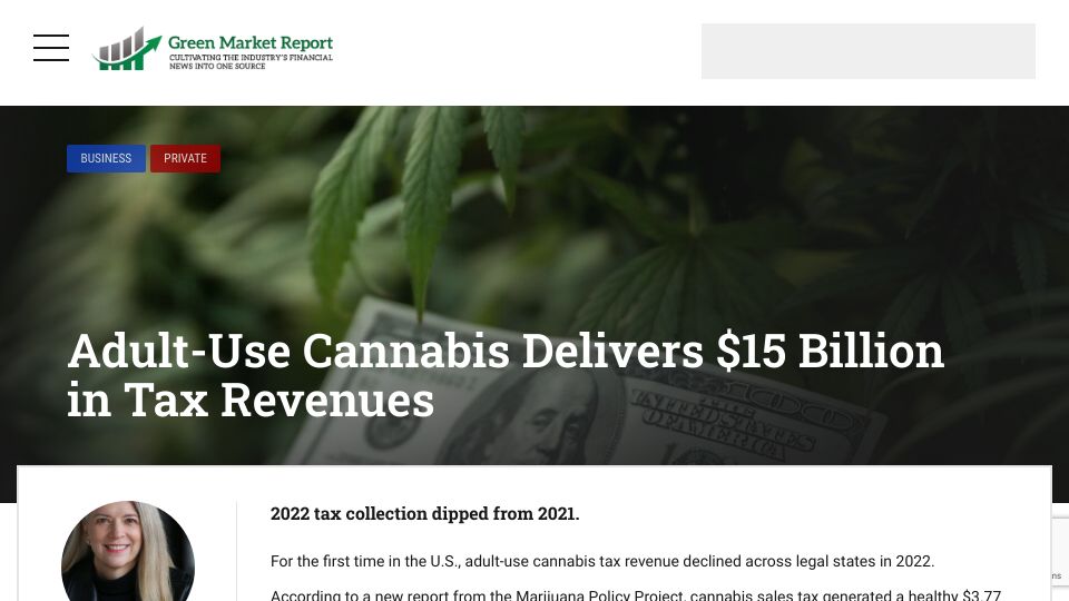 Screenshot of greenmarketreport.com: Adult-use cannabis delivers $15B in tax revenues