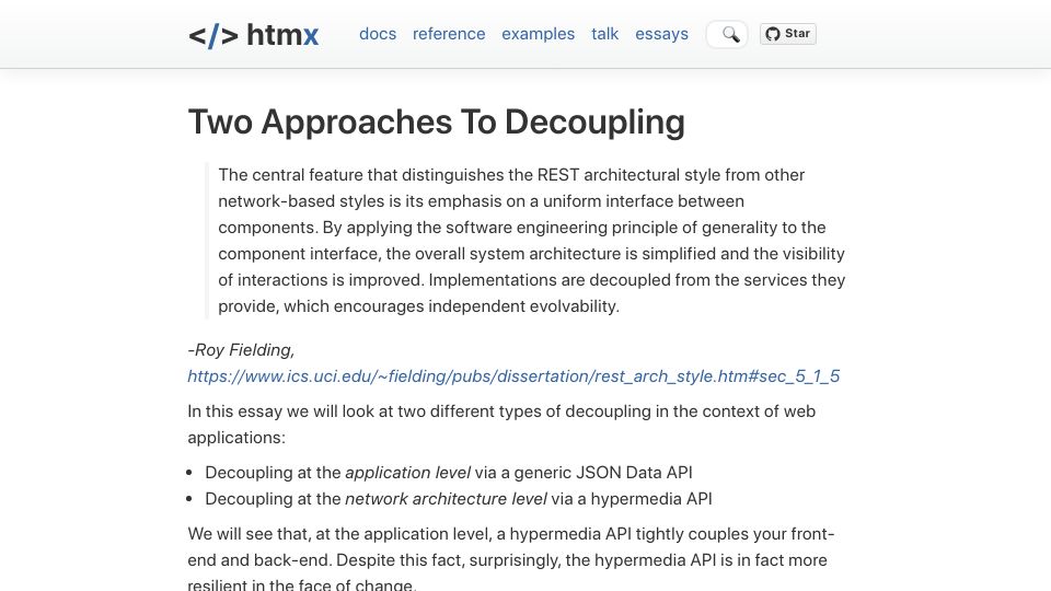 Screenshot of htmx.org: Two Approaches to Decoupling