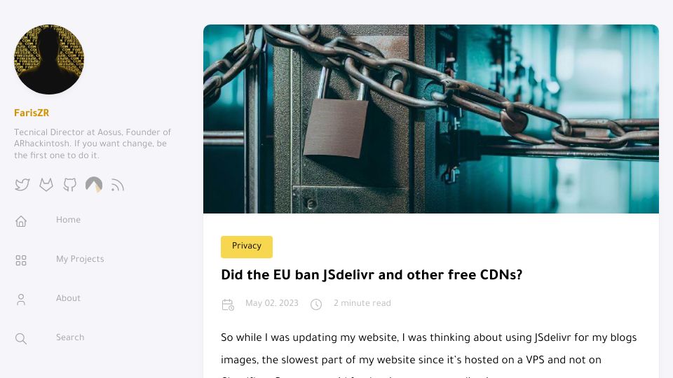 Screenshot of fariszr.com: Did the EU ban JSdelivr and other free CDNs?