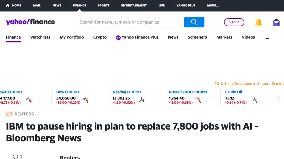 Screenshot of finance.yahoo.com: IBM to pause hiring in plan to replace 7,800 jobs with AI