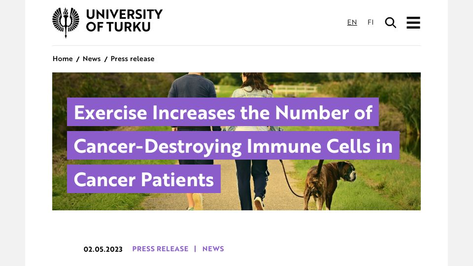 Screenshot of utu.fi: Exercise increases number of immune cells in cancer patients