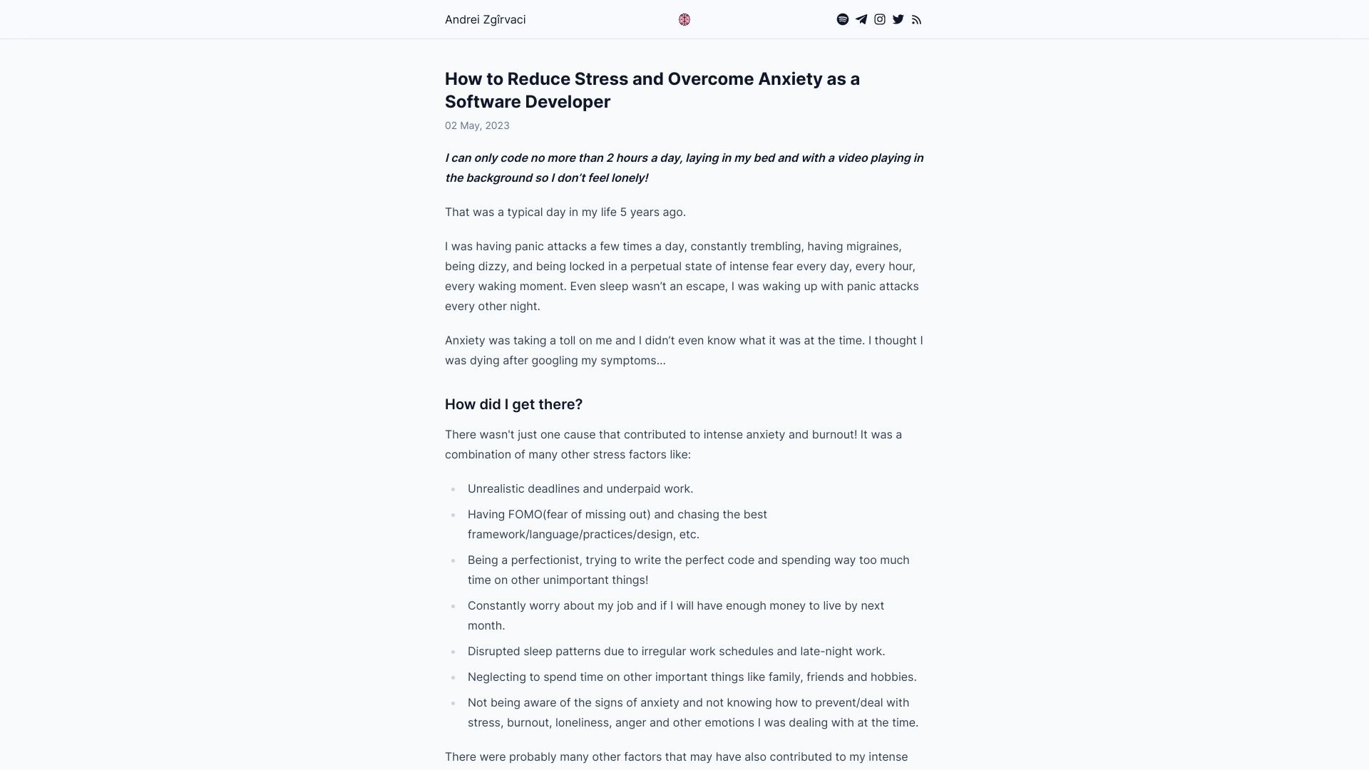 Screenshot of andreizgirvaci.com: How to Reduce Stress and Overcome Anxiety as a Software Developer