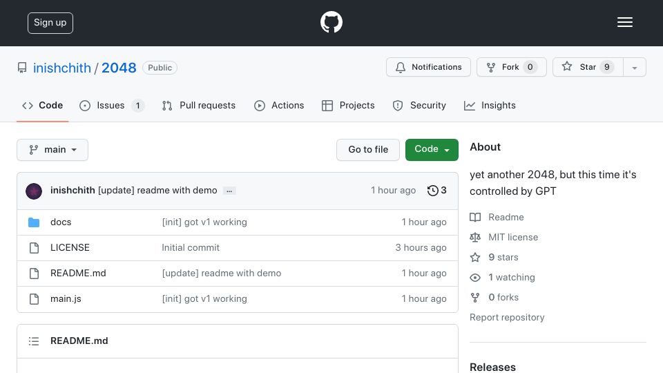 Screenshot of github.com: Show HN: GPT crushes my high score in 2048.io