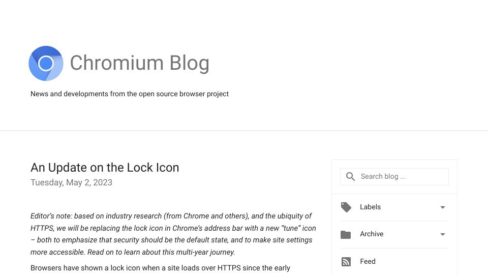 Screenshot of blog.chromium.org: An Update on the Lock Icon