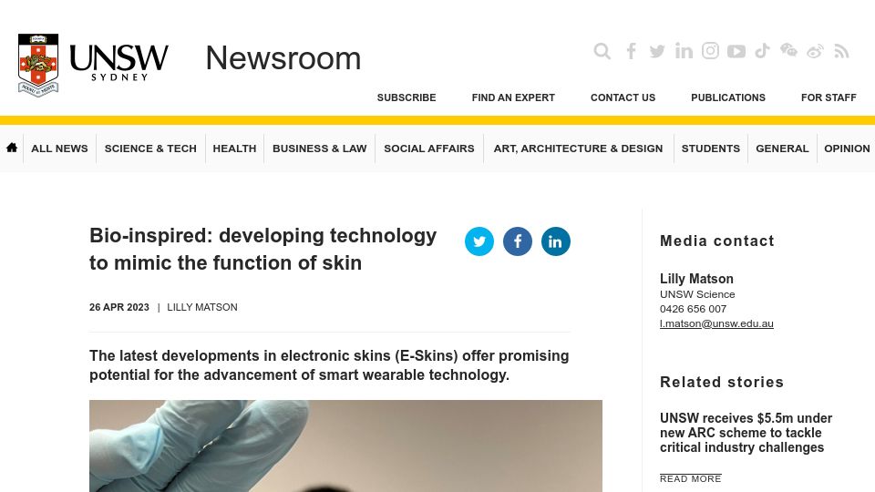 Screenshot of newsroom.unsw.edu.au: Bio-inspired: developing technology to mimic the function of skin