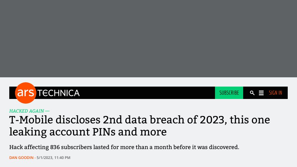 Screenshot of arstechnica.com: T-Mobile Breached, Again