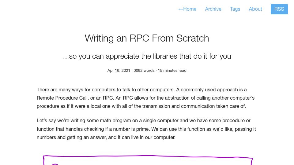 Screenshot of alexanderell.is: Writing an RPC from Scratch (2021)