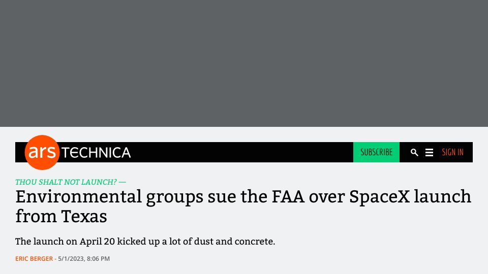 Screenshot of arstechnica.com: Environmental groups sue the FAA over SpaceX launch from Texas