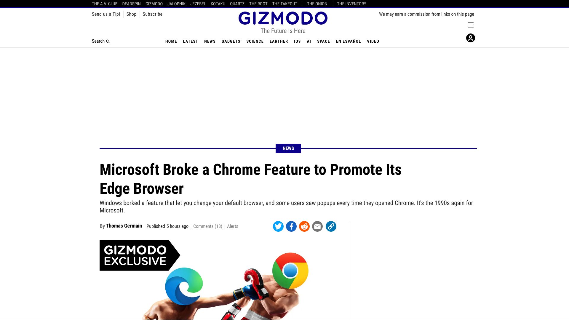 Screenshot of gizmodo.com: Microsoft broke a Chrome feature to promote Edge