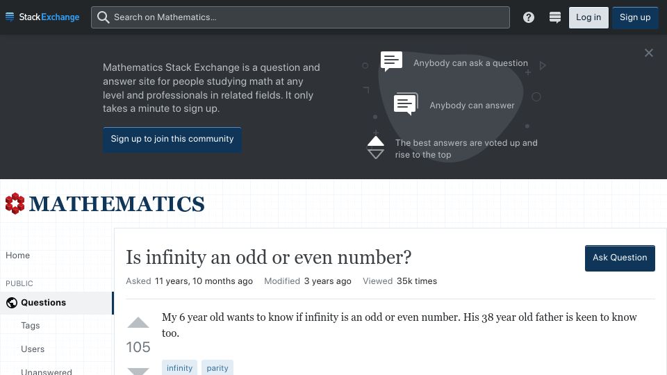 Screenshot of math.stackexchange.com: Is infinity an odd or even number? (2011)