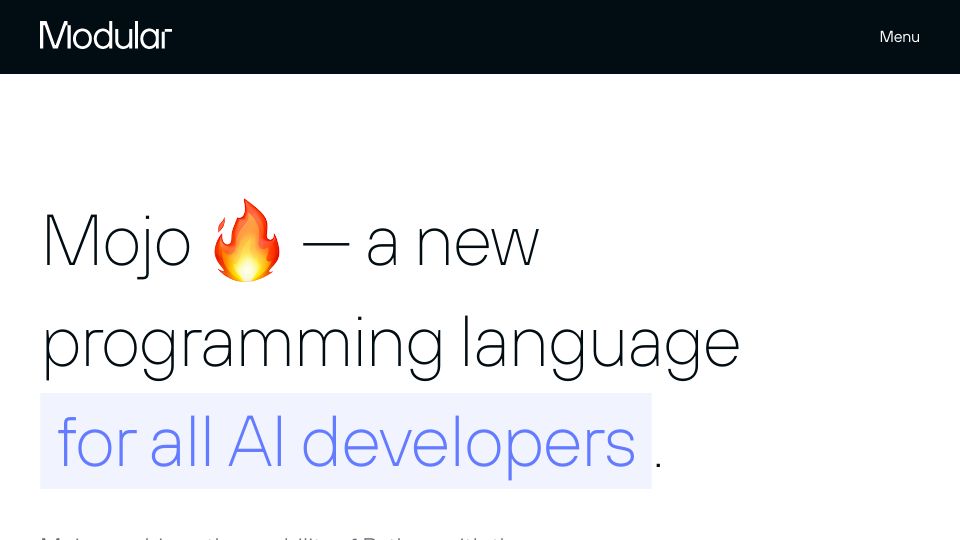 Screenshot of modular.com: Mojo – a new programming language for AI developers