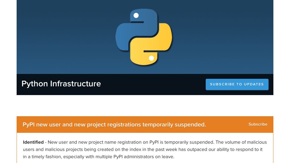 Screenshot of status.python.org: PyPI new user and new project registrations temporarily suspended