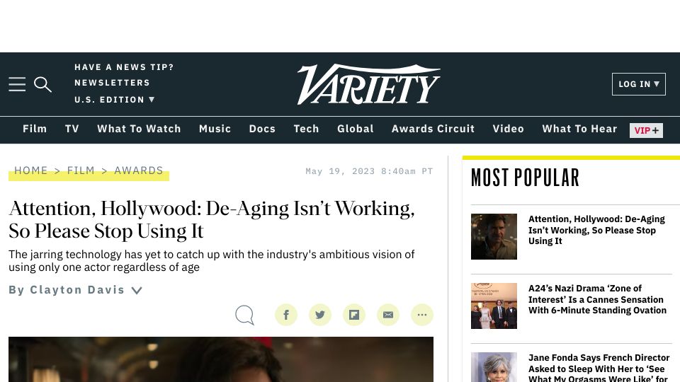 Screenshot of variety.com: Attention, Hollywood: De-Aging Isn’t Working, So Please Stop Using It
