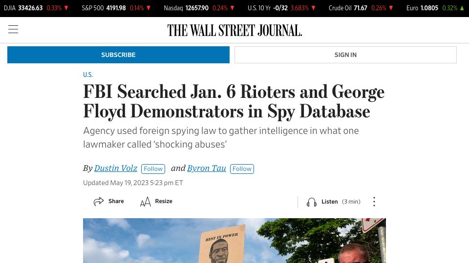 Screenshot of wsj.com: FBI Misused Spy Database, FISA Court Says