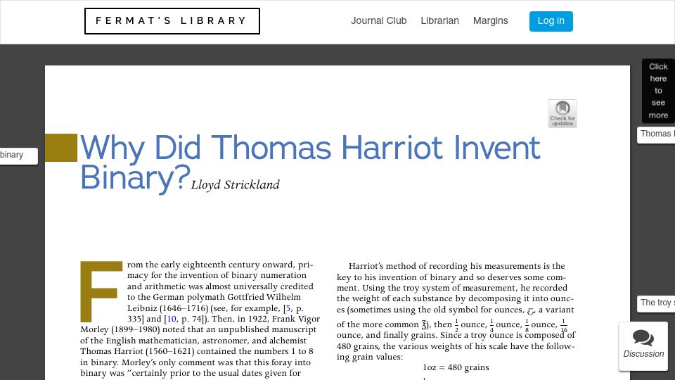 Screenshot of fermatslibrary.com: Why Did Thomas Harriot Invent Binary? (2021)