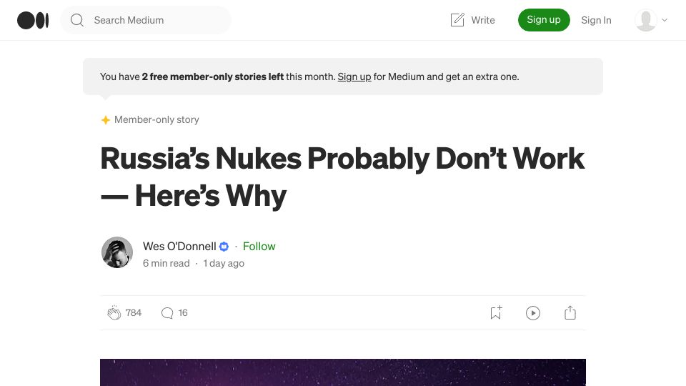 Screenshot of wesodonnell.medium.com: Russia’s Nukes Probably Don’t Work – Here’s Why