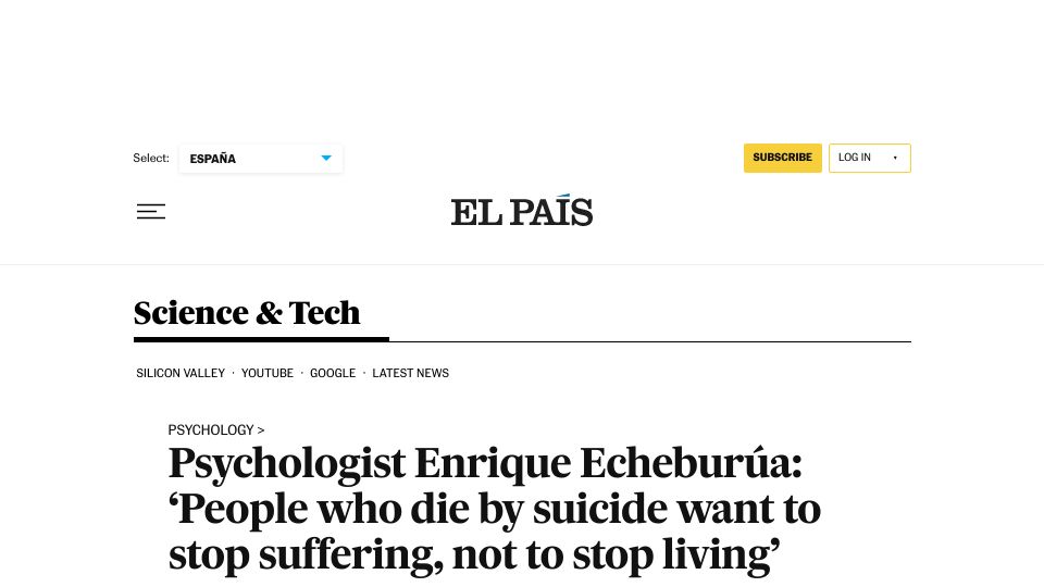 Screenshot of english.elpais.com: People who die by suicide want to stop suffering, not to stop living