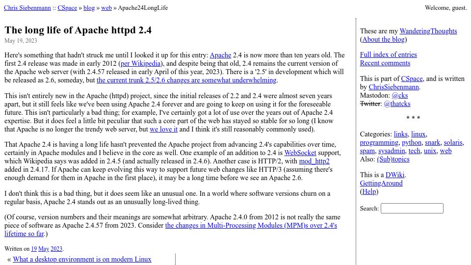 Screenshot of utcc.utoronto.ca: The long life of Apache httpd 2.4
