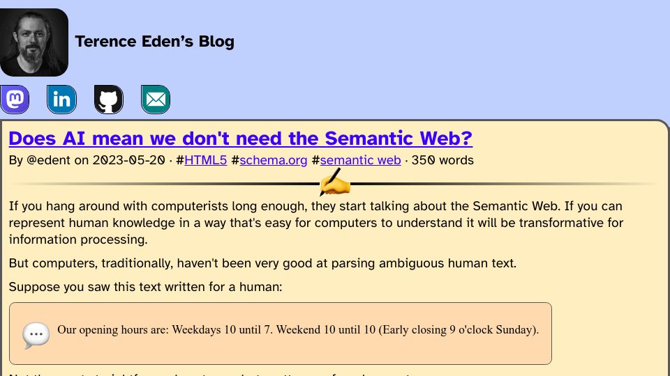 Screenshot of shkspr.mobi: Does AI mean we don't need the Semantic Web?