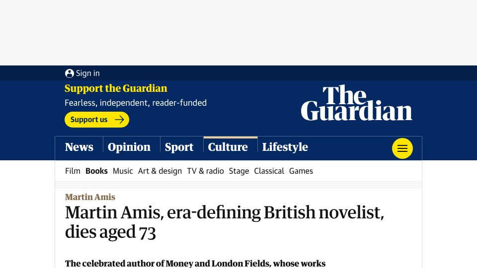 Screenshot of theguardian.com: Martin Amis has died