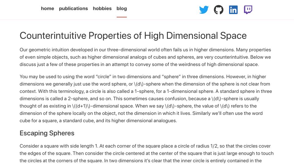 Screenshot of marckhoury.github.io: Counterintuitive Properties of High Dimensional Space (2018)