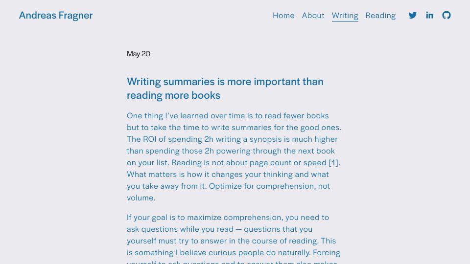 Screenshot of andreasfragner.com: Writing summaries is more important than reading more books