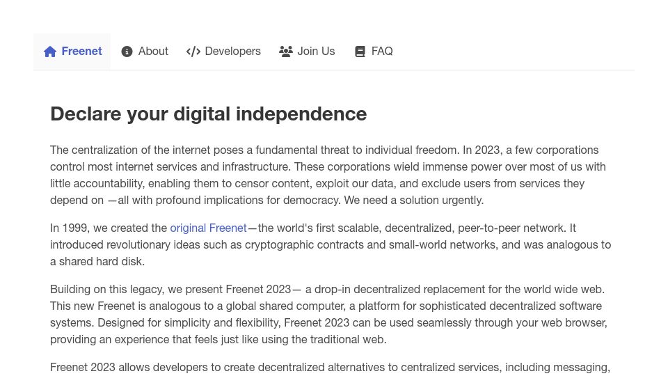 Screenshot of freenet.org: Show HN: Freenet 2023, a drop-in decentralized replacement for the web
