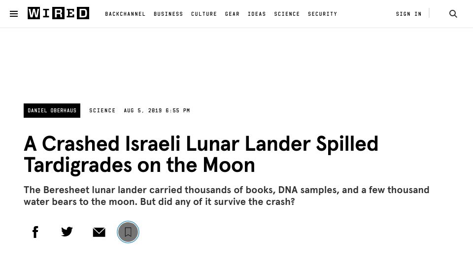 Screenshot of wired.com: A Crashed Israeli Lunar Lander Spilled Tardigrades on the Moon (2019)