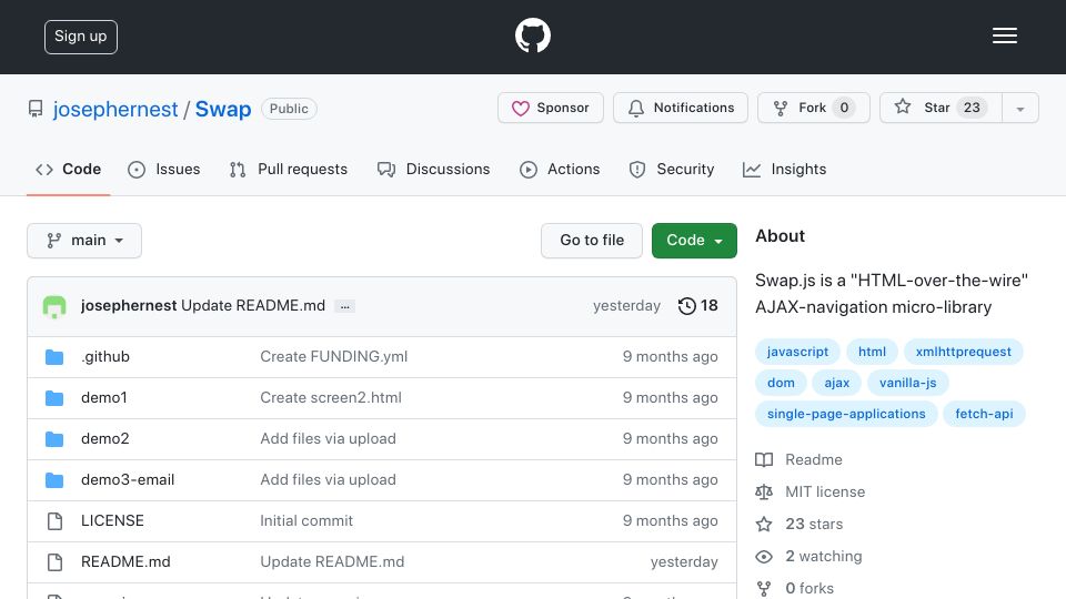 Screenshot of github.com: Show HN: Swap.js – a JavaScript micro-framework (HTML fragments over the wire)