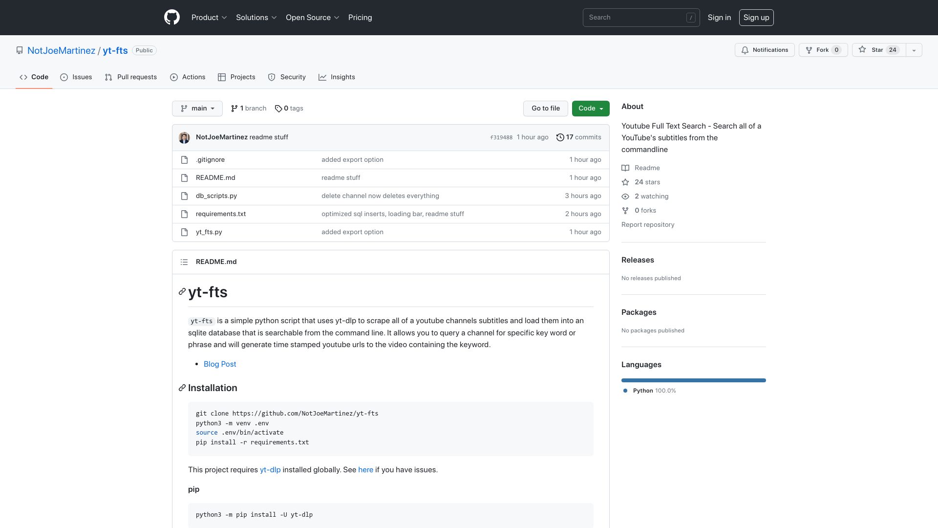 Screenshot of github.com: Show HN: YouTube Full Text Search – Search all of a channel from the commandline
