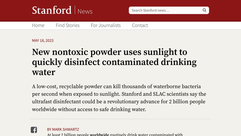 Screenshot of news.stanford.edu: Nontoxic powder uses sunlight to quickly disinfect contaminated drinking water