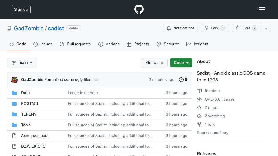 Screenshot of github.com: Sadist – An old DOS game from 1998