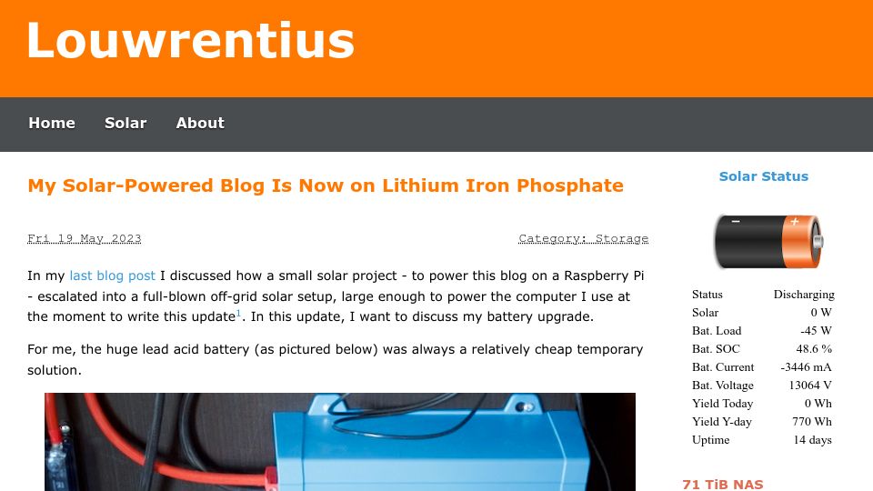 Screenshot of louwrentius.com: My solar-powered blog is now on lithium iron phosphate
