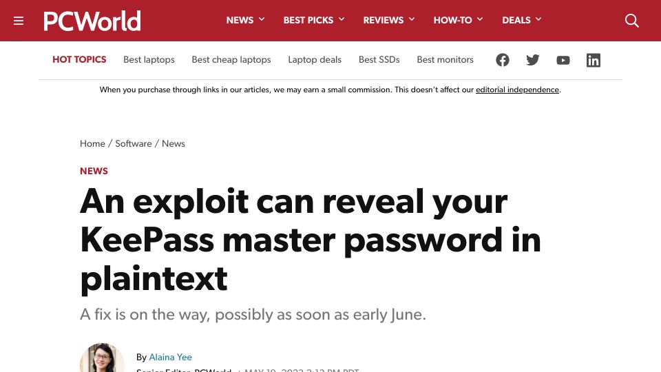 Screenshot of pcworld.com: An exploit can reveal your KeePass master password in plaintext
