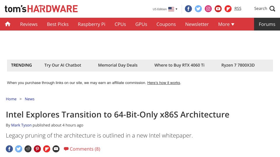 Screenshot of tomshardware.com: Intel Explores Transition to 64-Bit-Only X86S Architecture