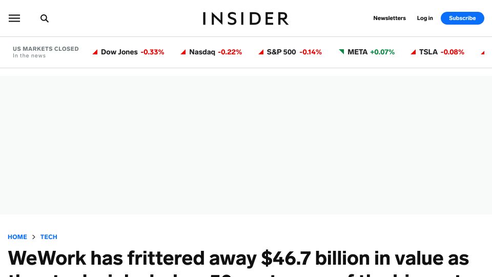 Screenshot of businessinsider.com: WeWork has frittered away $46.7B in value as the stock sinks below ¢50