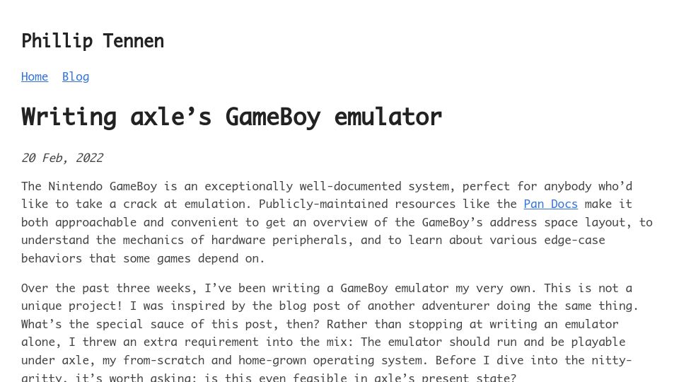 Screenshot of axleos.com: I wrote a GameBoy emulator for my hobby OS (2022)