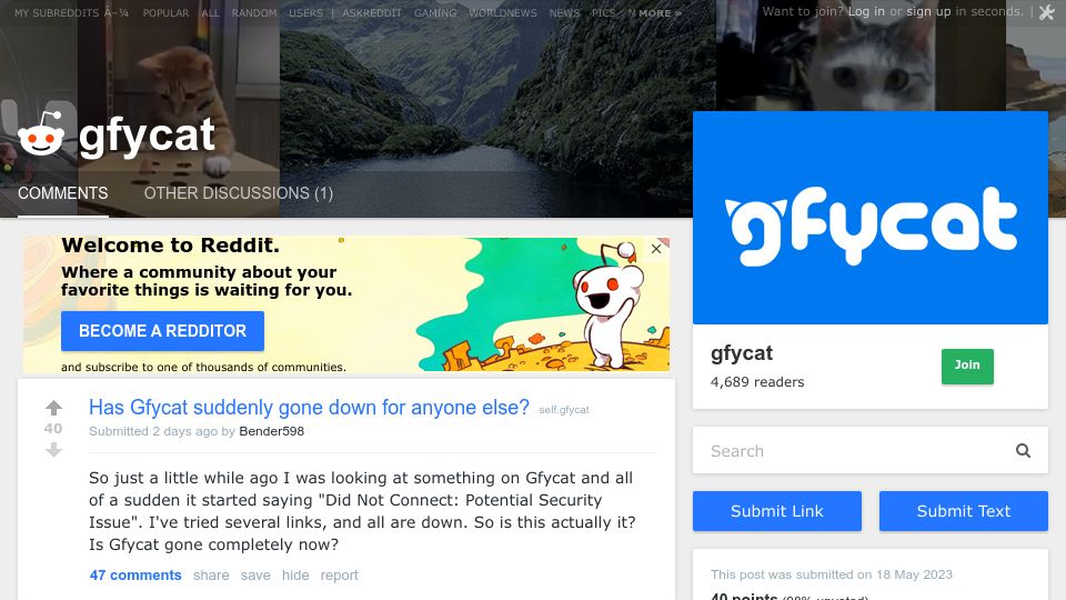 Screenshot of old.reddit.com: Gfycat has been down for two days due to an expired SSL certificate