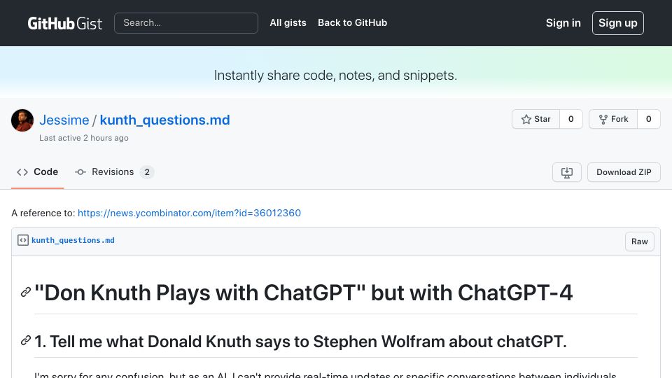 Screenshot of gist.github.com: “Don Knuth Plays with ChatGPT” but with ChatGPT-4
