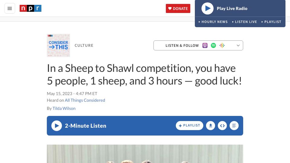 Screenshot of npr.org: In a Sheep to Shawl competition, you have 5 people, 1 sheep, and 3 hours