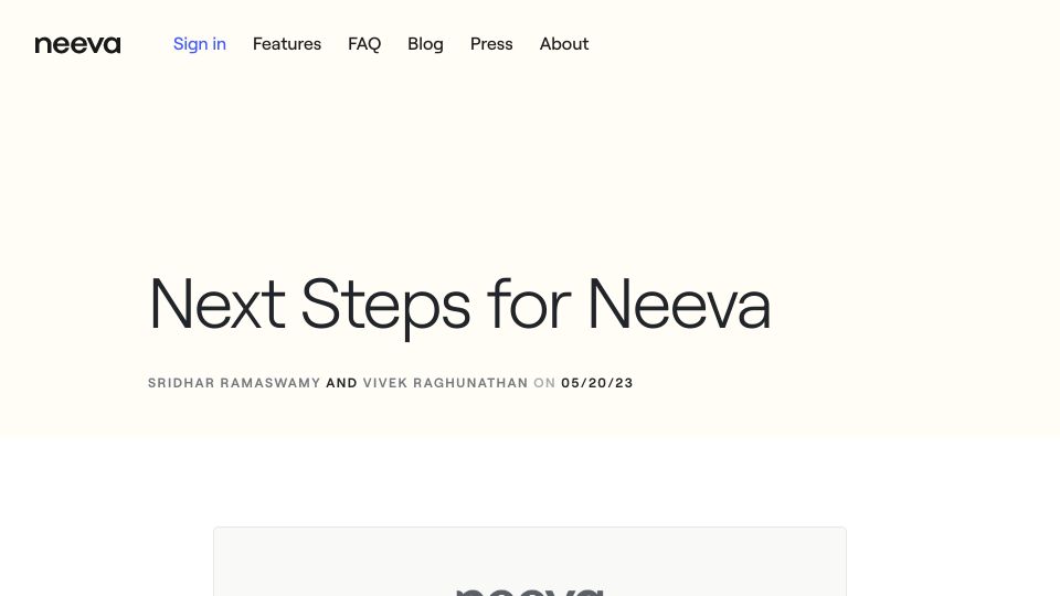 Screenshot of neeva.com: We will be shutting down neeva.com