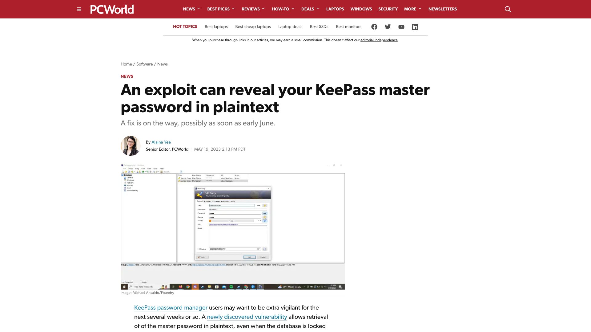 Screenshot of pcworld.com: An exploit can reveal your KeePass master password in plaintext