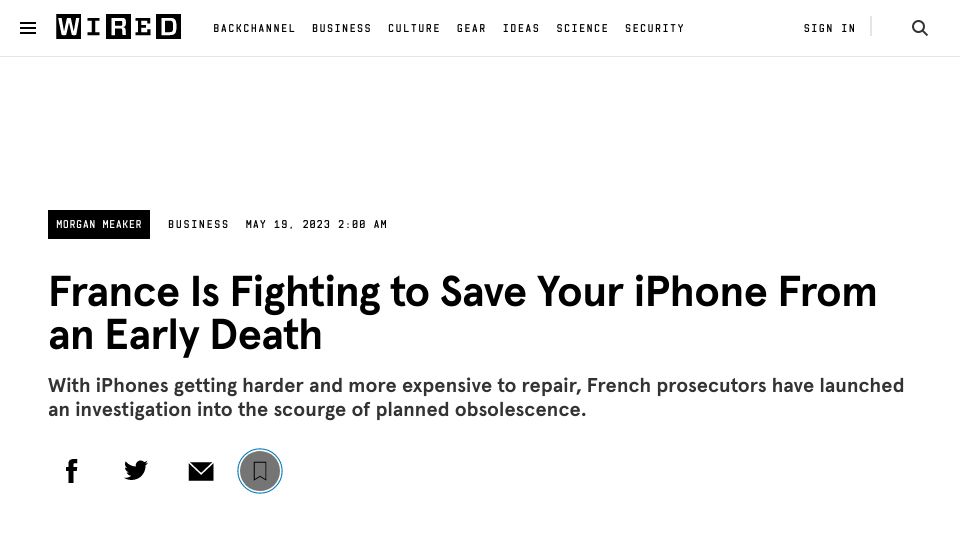 Screenshot of wired.com: France is fighting to save your iPhone from an early death