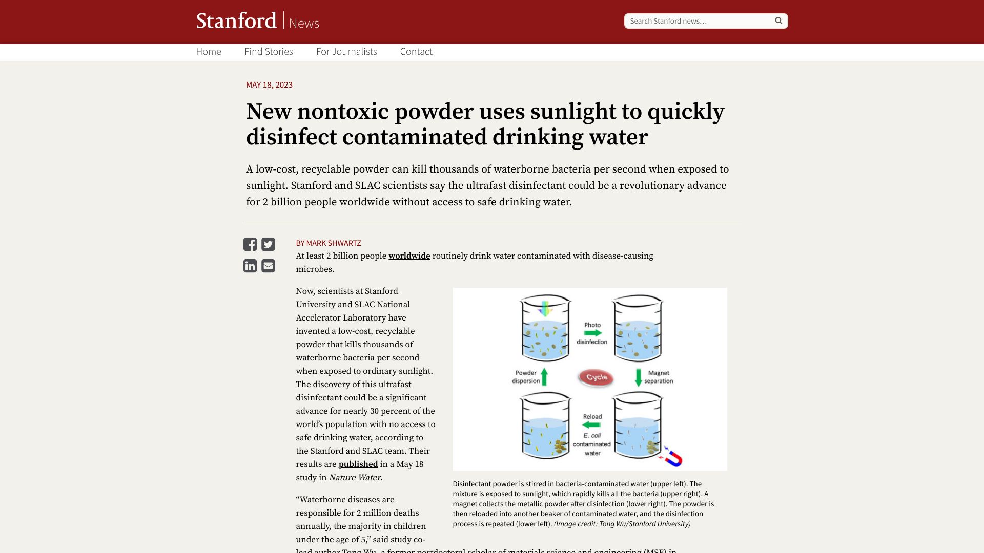 Screenshot of news.stanford.edu: Nontoxic powder uses sunlight to quickly disinfect contaminated drinking water