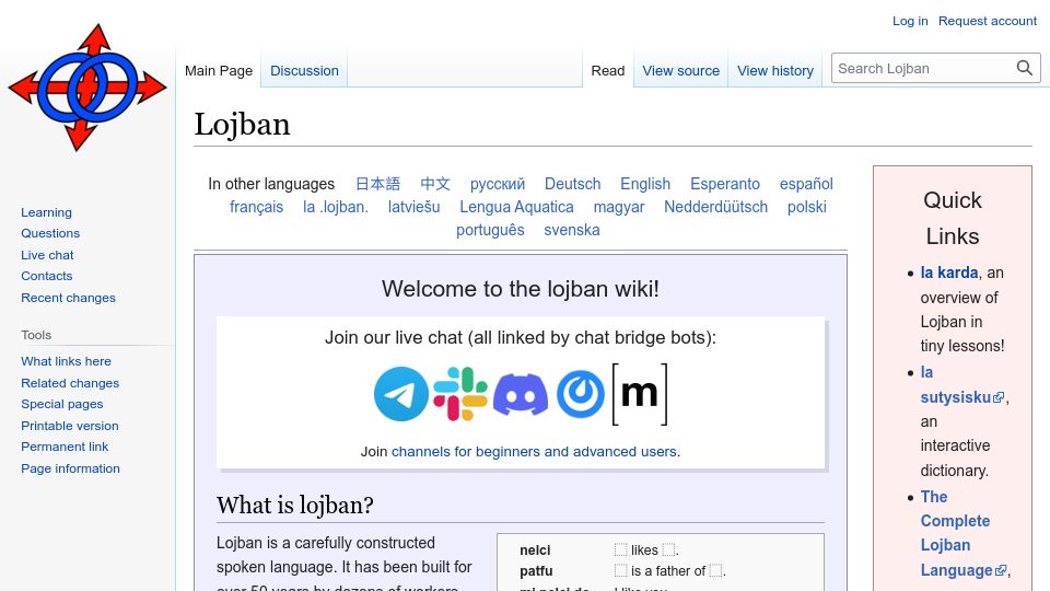 Screenshot of mw.lojban.org: Lojban: Constructed language to eliminate ambiguity from communication