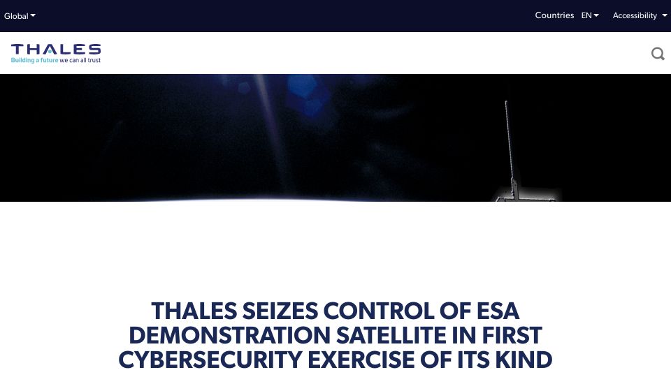 Screenshot of thalesgroup.com: Thales seizes control of ESA demonstration satellite in cybersecurity exercise
