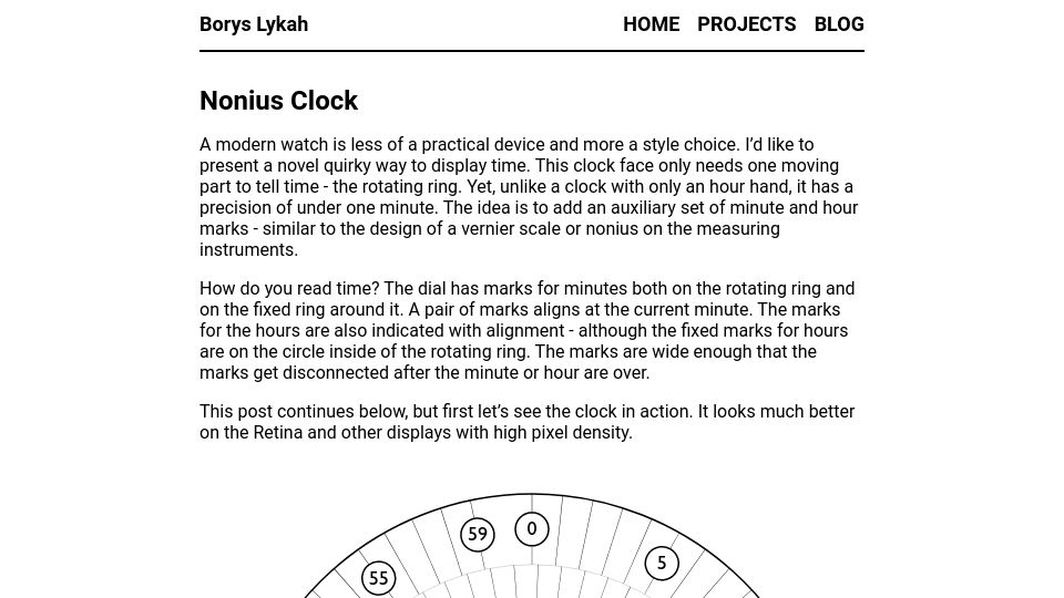 Screenshot of lykahb.com: Show HN: Nonius Clock