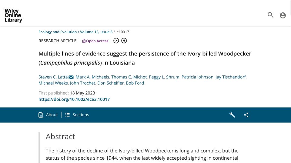 Screenshot of onlinelibrary.wiley.com: Multiple lines of evidence suggest persistence of the ivory-billed woodpecker