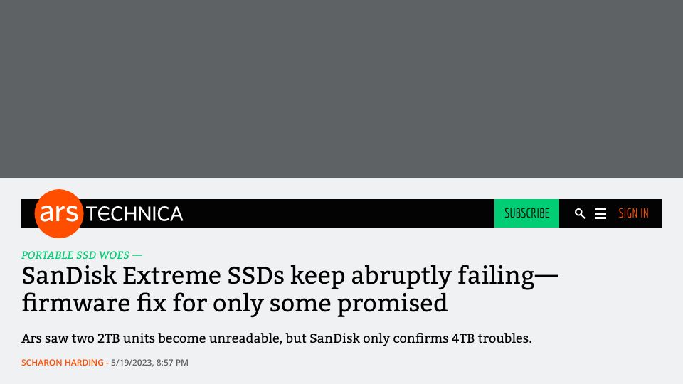 Screenshot of arstechnica.com: SanDisk Extreme SSDs keep abruptly failing–firmware fix for only some promised