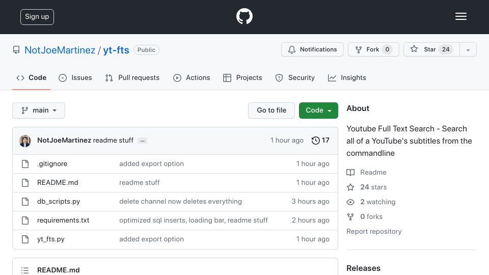Screenshot of github.com: Show HN: YouTube Full Text Search – Search all of a channel from the commandline